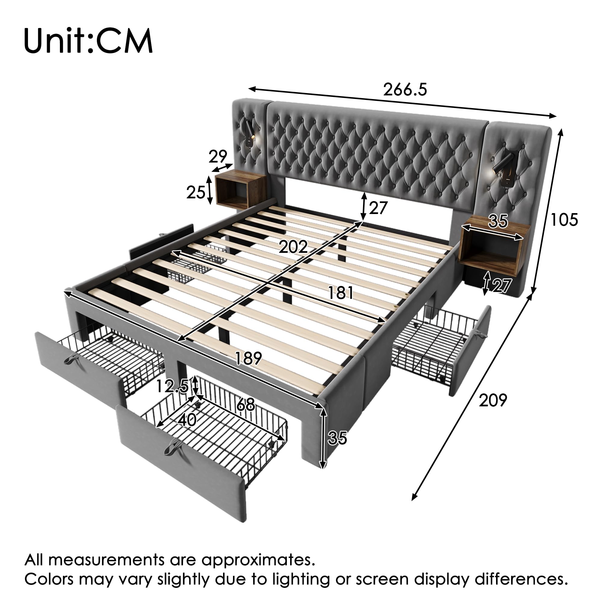 RIAZOS Doppelbett Bettanlage 180 x 200 cm mit 2X Nachtkommoden & 4 Schubladen, Kopfteil mit LED & USB Ladefunktion - Schlafzimmer Komplett-Set, Samt, Ohne Matratze