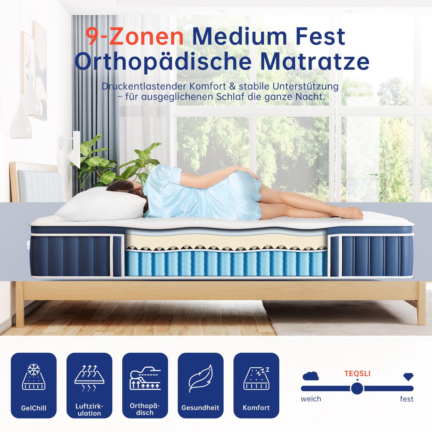 TeQsli Gel Taschenfederkernmatratze 180x200 cm – H3, 9 Zonen