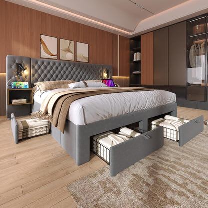 RIAZOS Doppelbett 180x200 cm mit LED, USB & Nachtkommoden