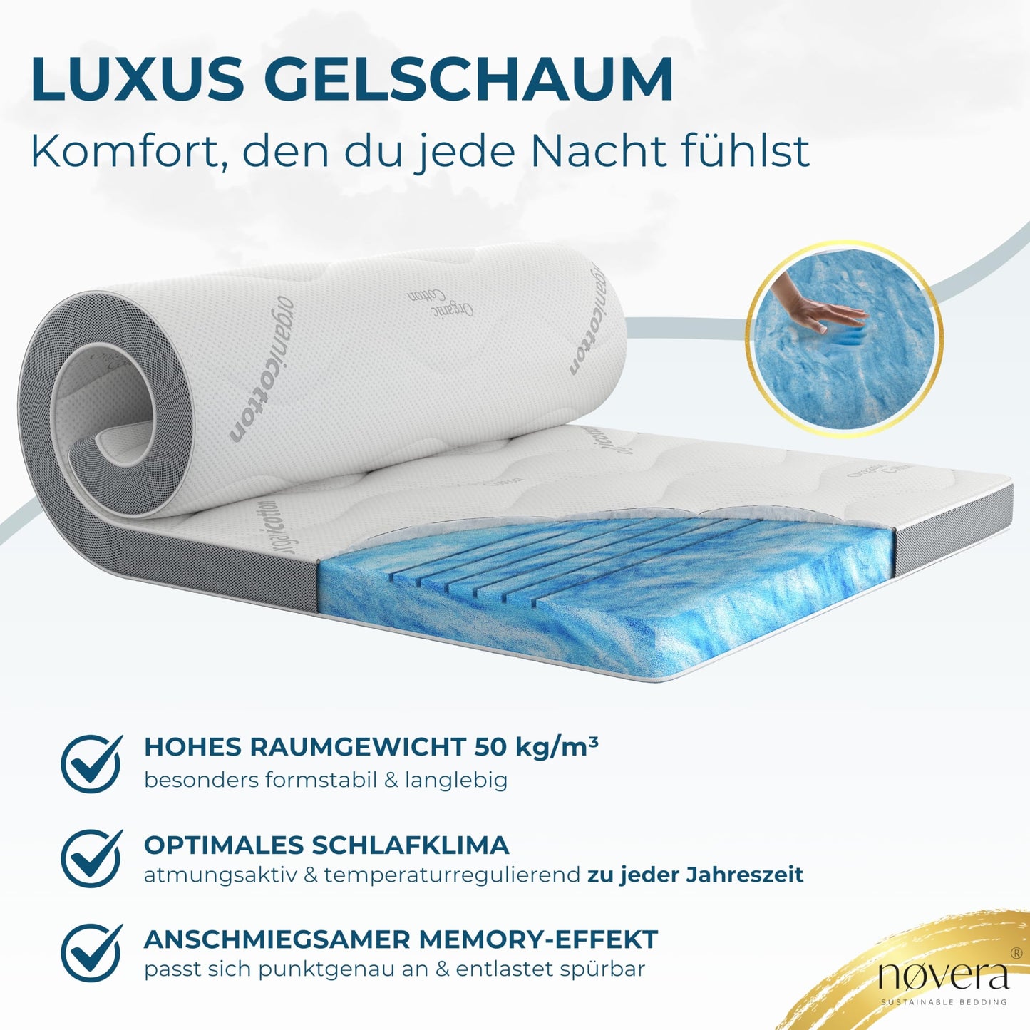 nøvera Deluxe Gel Topper 180x200 cm – Bio-Baumwolle, 7 Zonen
