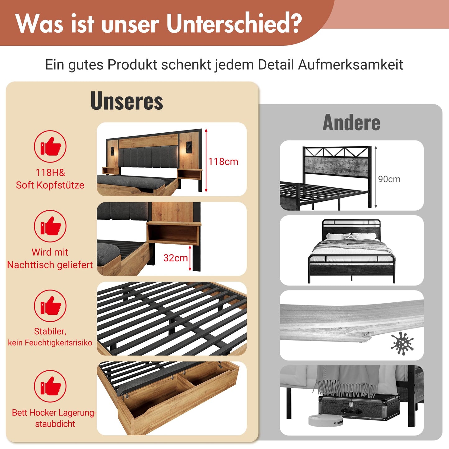 Kebnor Polsterbett 180x200 cm Eiche mit USB, Leselampe & Stauraum