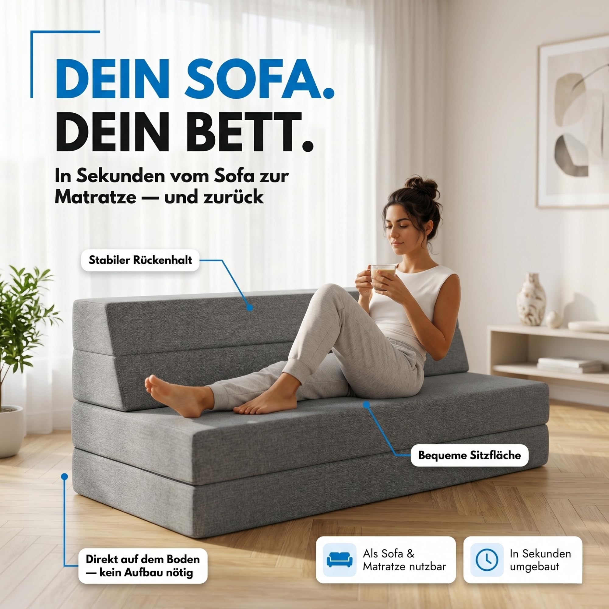 Arensberger Klappmatratze Multifold 120 x 200 cm, 15 cm Hoch | Gästebett Klappbar | Faltmatratze Camping Matratze | Gästematratze | Klappsofa | Schlafmatratze Faltbar | Bezug Abnehmbar | Gel Foam