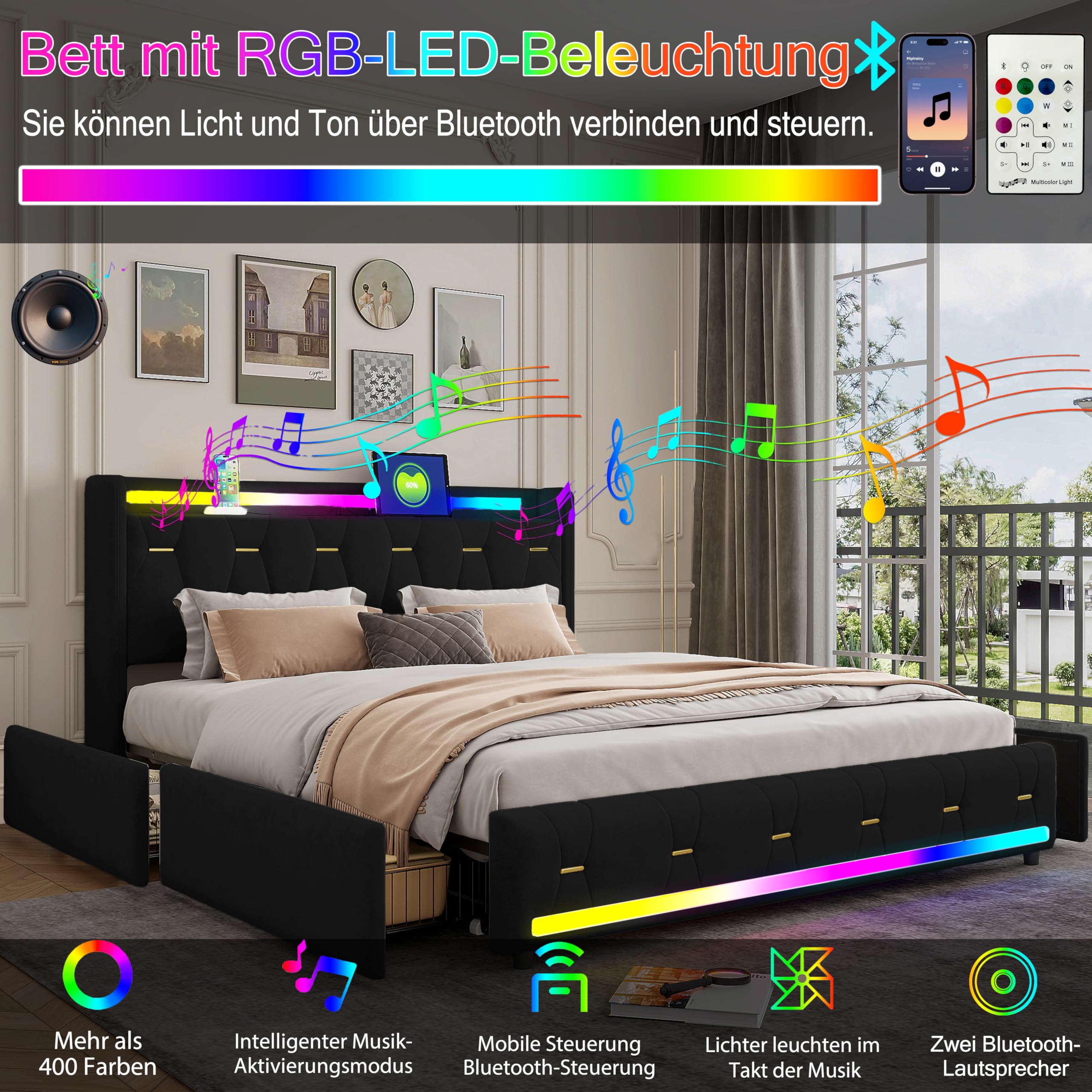 XMETPR 5-in-1 Polsterbett 160x200cm mit Bluetooth-Lautsprecher, Mehrfarbiger LED-Beleuchtung, USB/Type-C-Ladestation, 4 Stauräumen & Holzlattenrost, Samtbett, Schwarz Bett