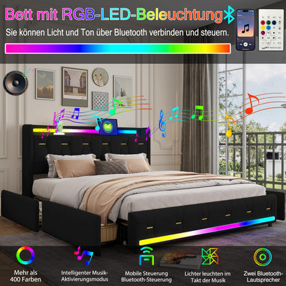 XMETPR Polsterbett 160x200 mit LED, Bluetooth & Stauraum
