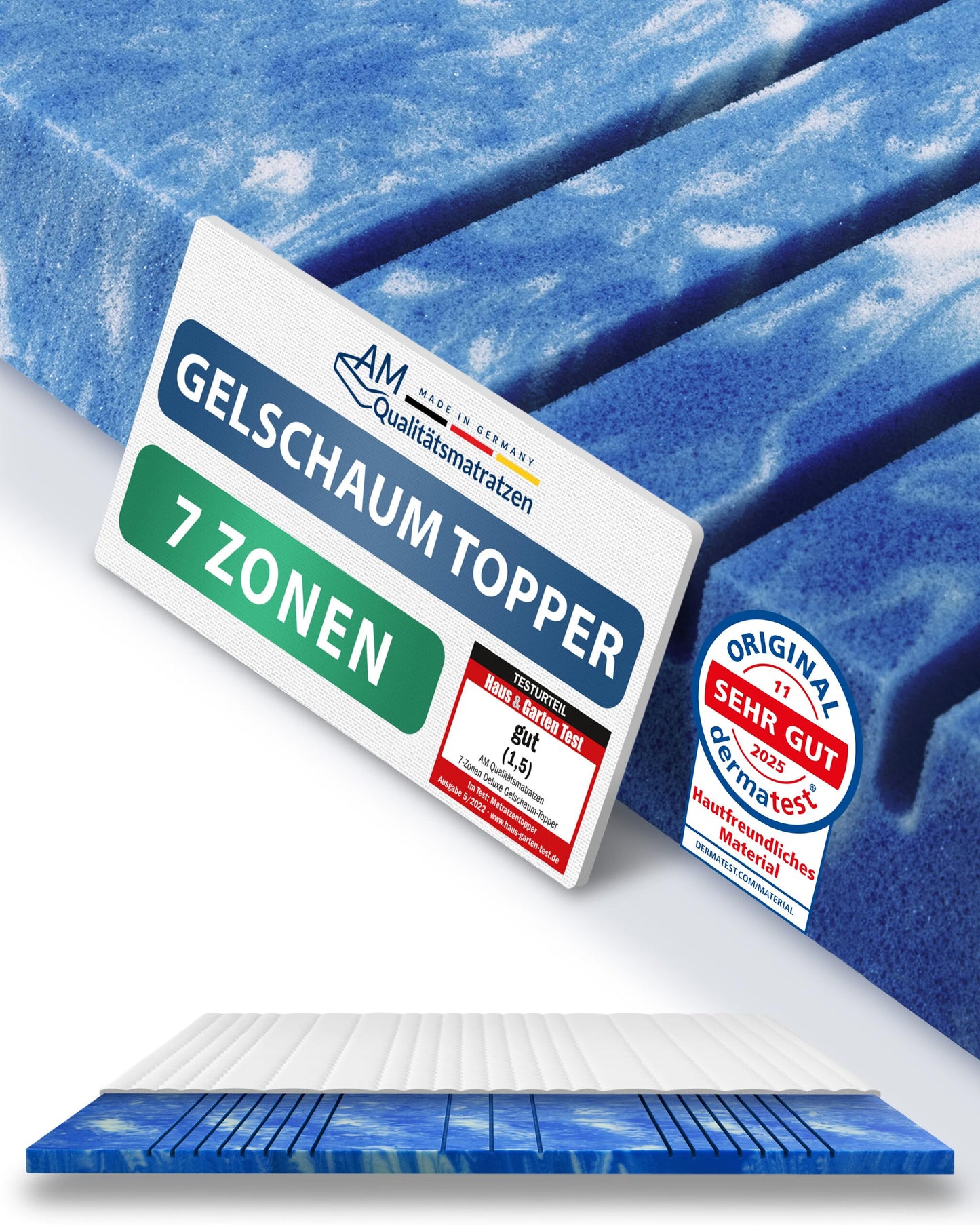 AM Qualitätsmatratzen 7-Zonen Gel Topper 180x200 cm RG50