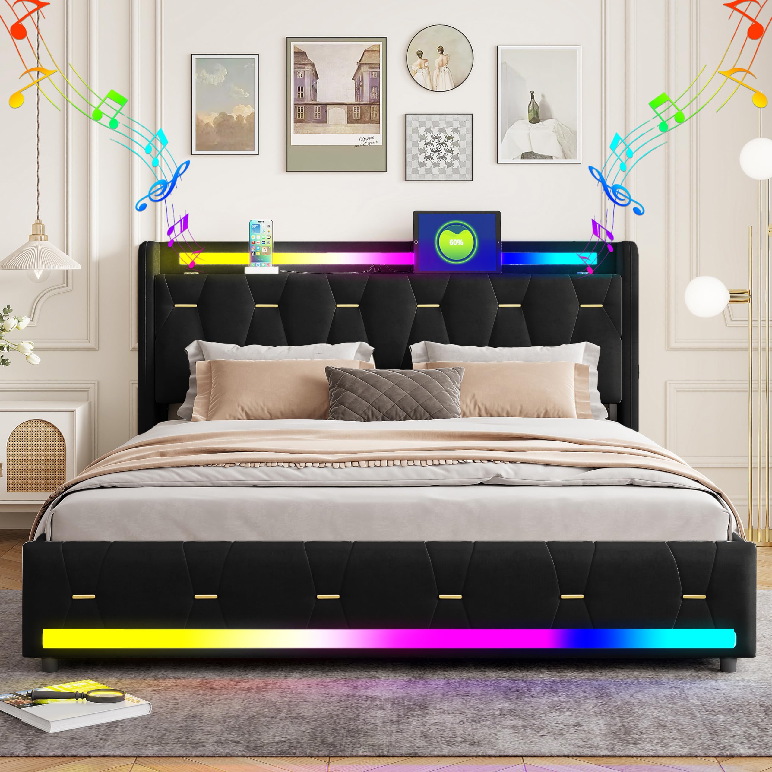 XMETPR 5-in-1 Polsterbett 160x200cm mit Bluetooth-Lautsprecher, Mehrfarbiger LED-Beleuchtung, USB/Type-C-Ladestation, 4 Stauräumen & Holzlattenrost, Samtbett, Schwarz Bett