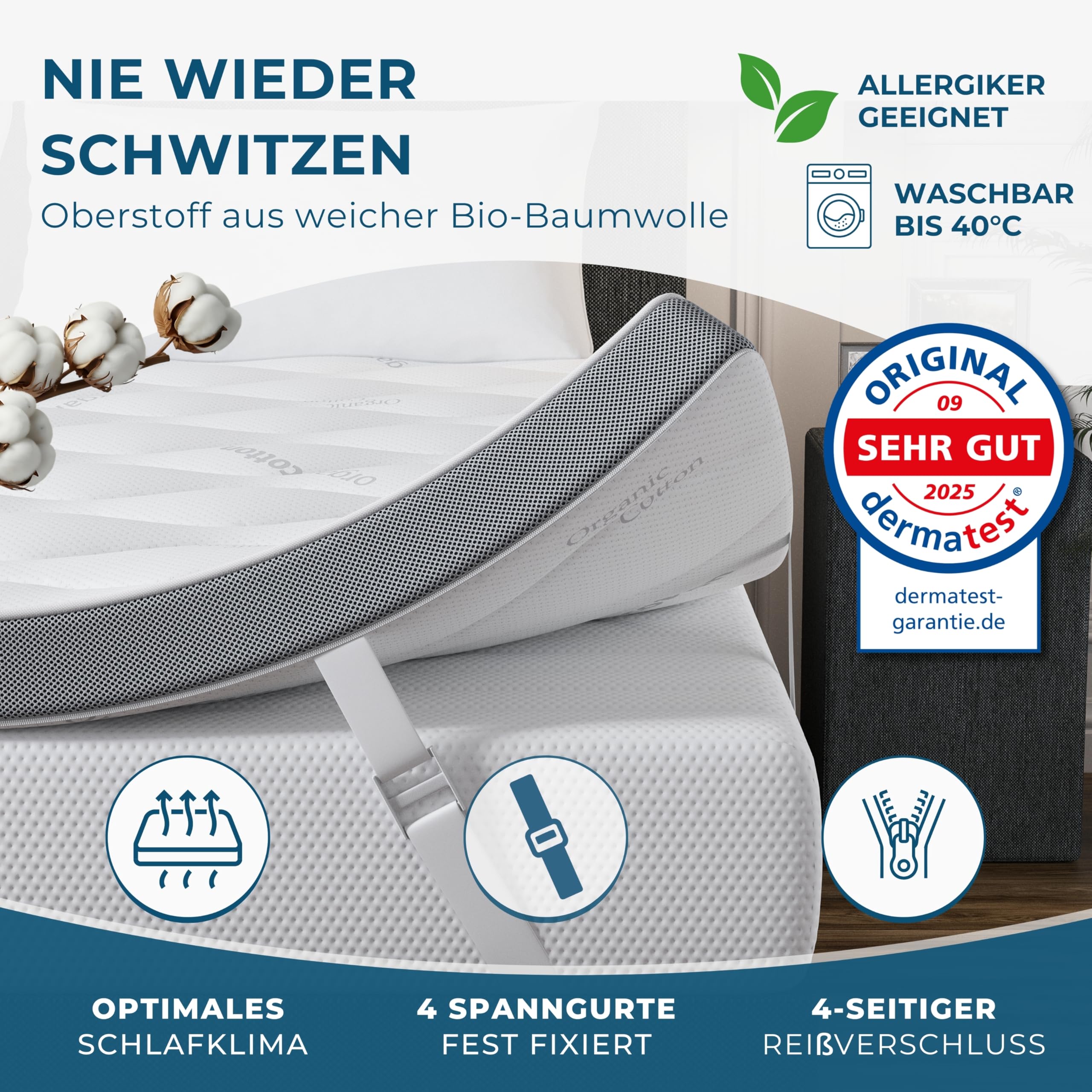 nøvera Deluxe Gel Topper 180x200cm | Oberstoff aus 100% Bio-Baumwolle | wolkenweicher 7-Zonen Matratzentopper 180x200cm | Hohes RG 50 | 8cm Matratzen Topper 180x200 |Luxus Matratzenauflage Geltopper