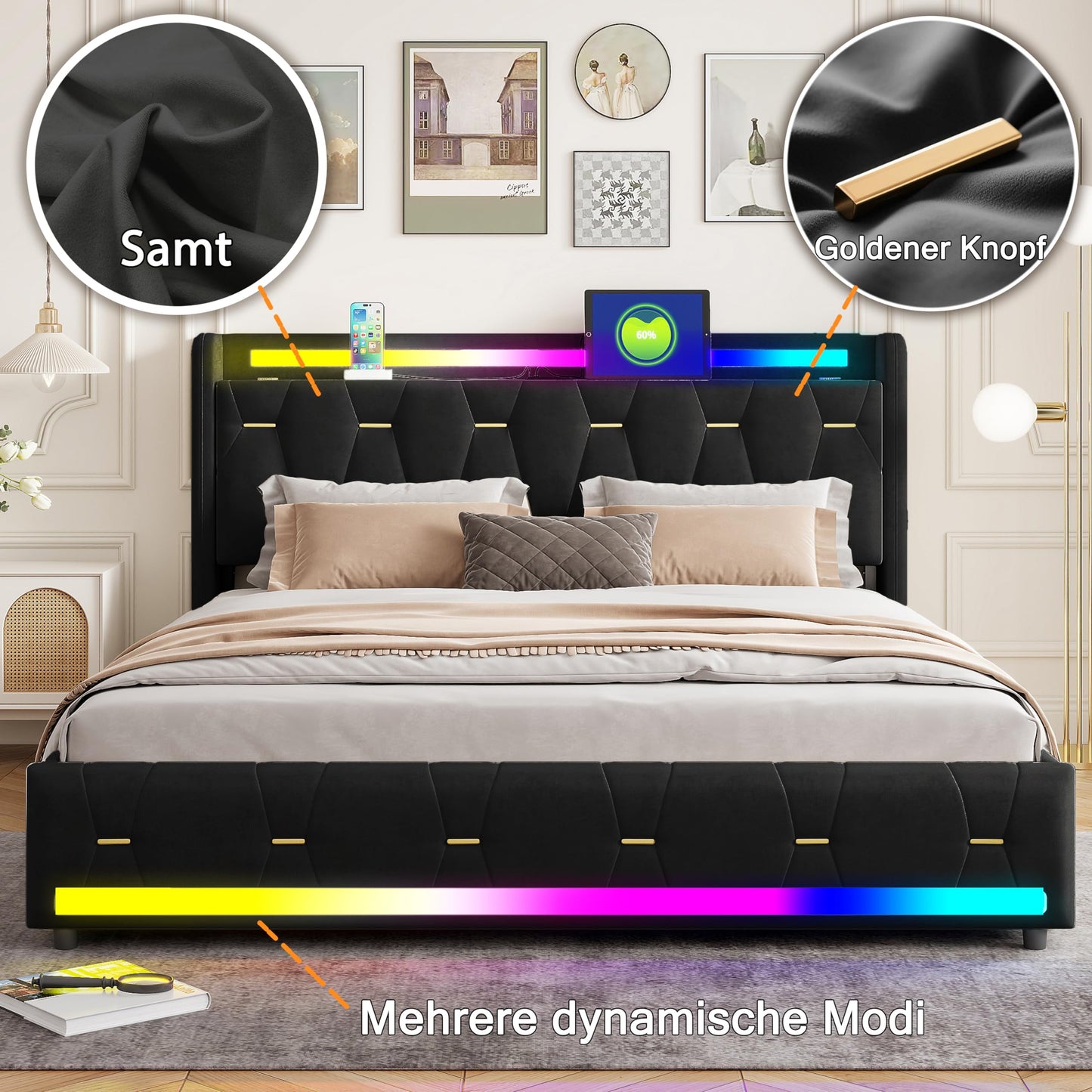 XMETPR Polsterbett 160x200 mit LED, Bluetooth & Stauraum