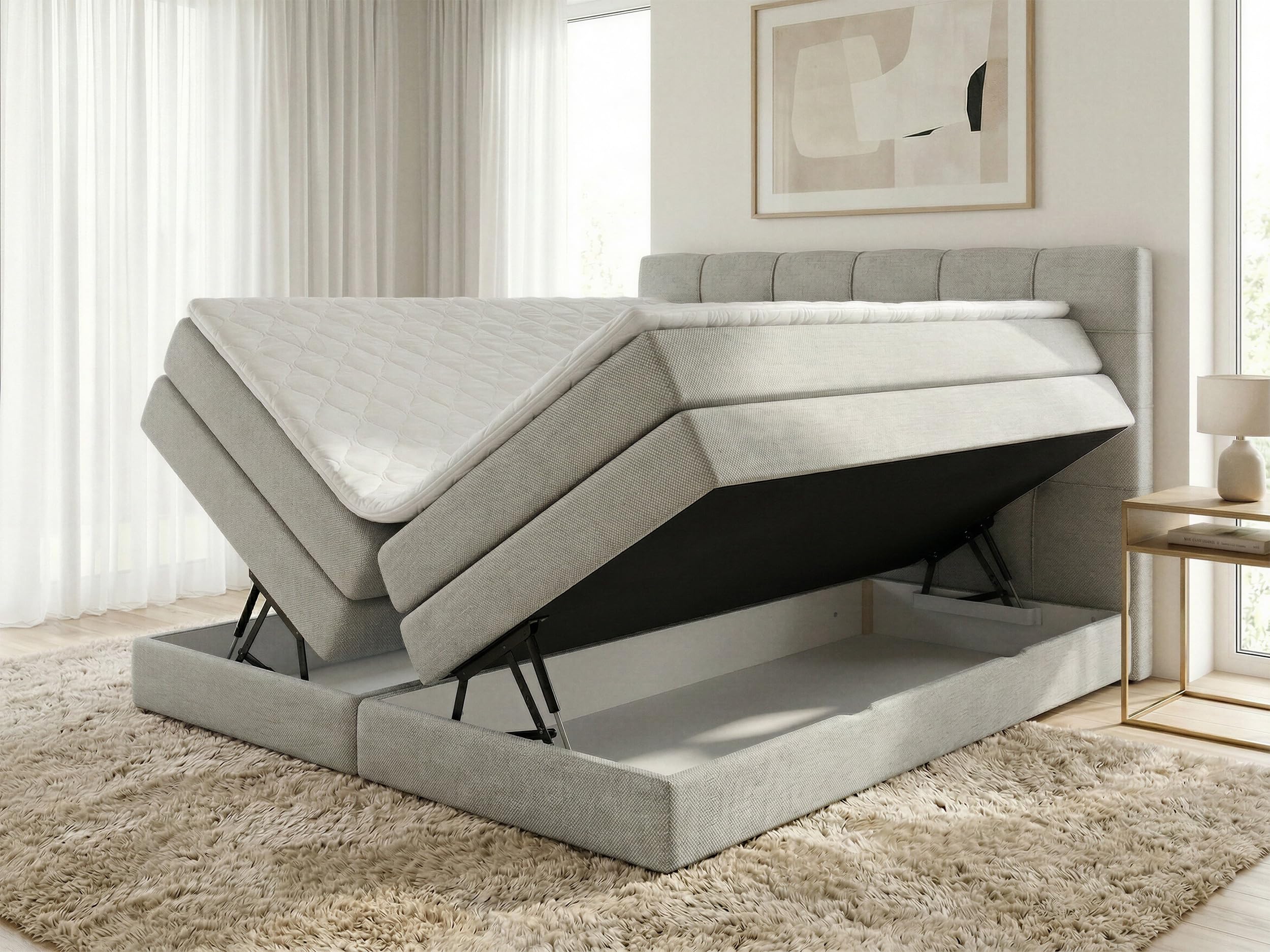 Sofnet Boxspringbett Best XL mit 2 Bettkästen und Topper, mit Taschenfederkern- und Bonellfederkernmatratze, Doppelbett, Polsterbett aus Webstoff mit Stauraum (Beige (Inari 22), 180 x 200 cm)